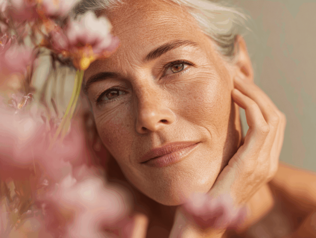 Ich kenne die Person nicht, aber der Alt-Text könnte lauten: Reife Frau mit grauem Haar im Fokus, umgeben von rosa Blüten, thematisiert Wechseljahre und Hautpflege.