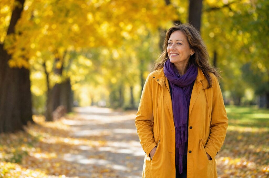 Frau spaziert im Herbst